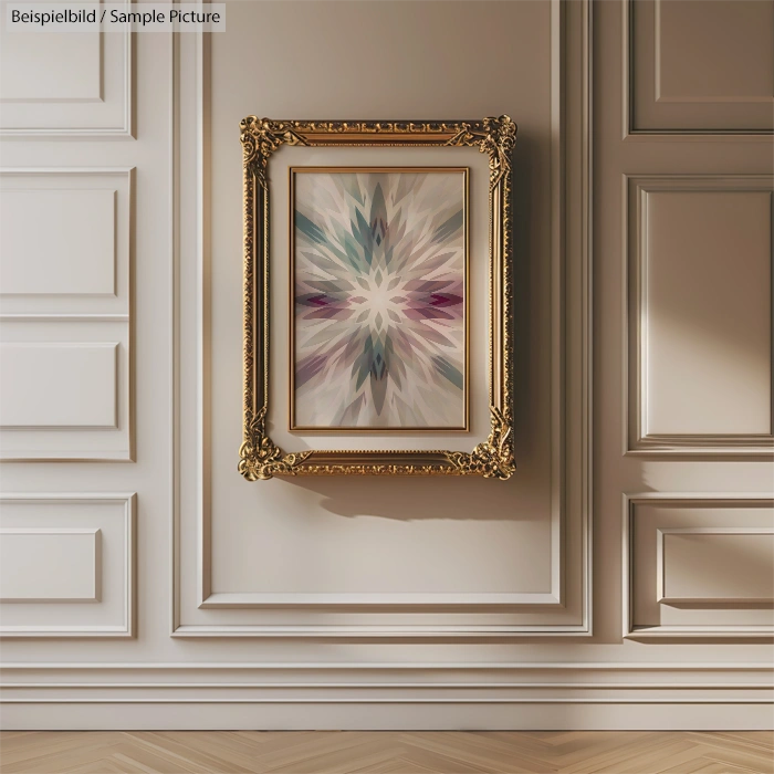 Framed abstract artwork on an ornate wall, featuring a symmetrical starburst pattern in soft pastels.