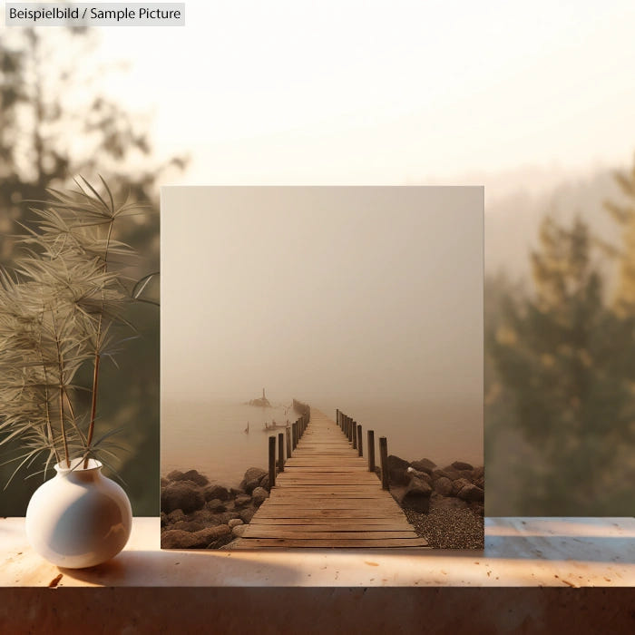 Foggy pier photo with surrounding nature, framed on a wooden table with a vase beside it.