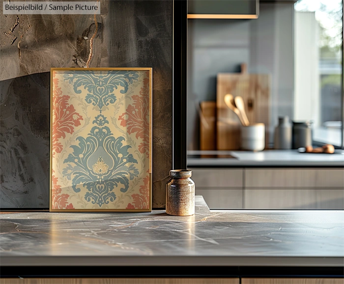 Framed ornate damask pattern art in warm tones on a modern kitchen counter, blurred utensils in the background.