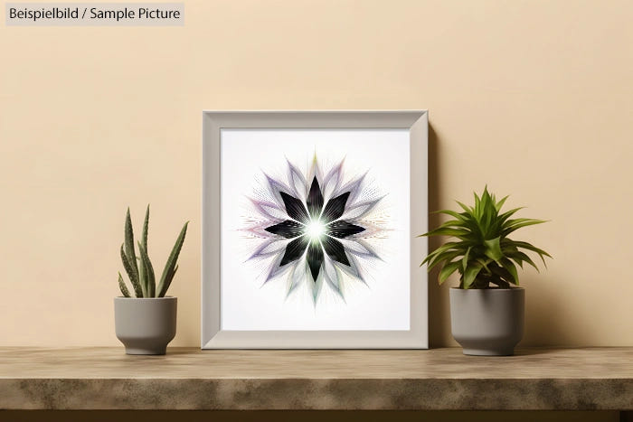 Framed geometric art print on shelf with two potted plants against a beige wall.