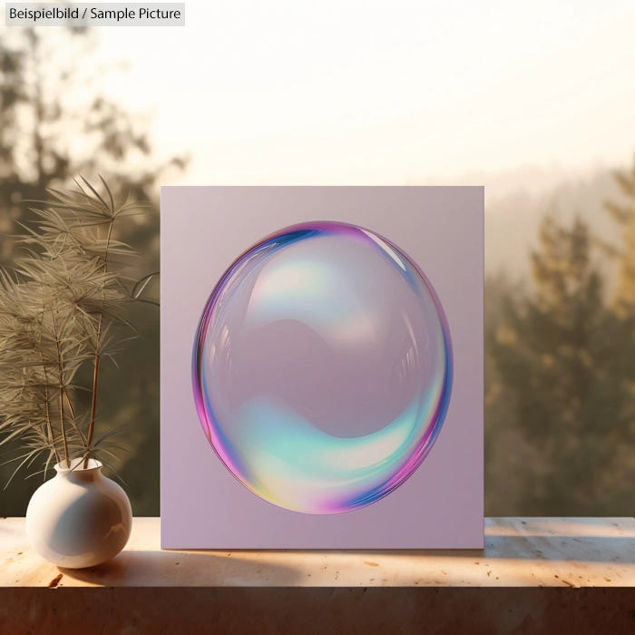 Spherical holographic art piece on a stand, with pastel colors, set against a blurred outdoor background.