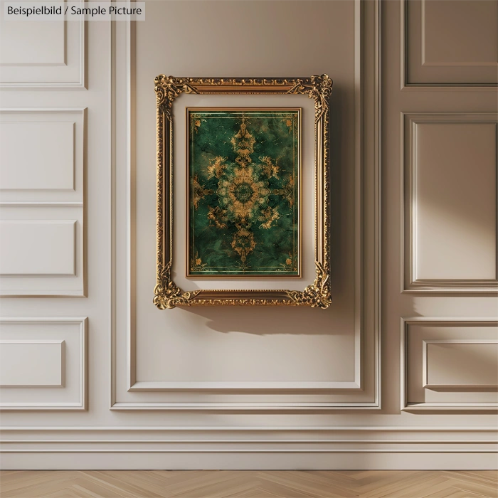 Elegant framed green and gold abstract painting on a decorative white wall.