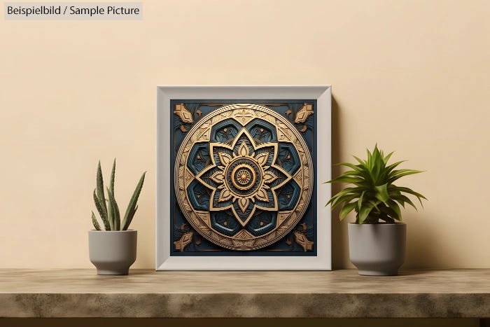 Decorative mandala artwork in frame, flanked by two potted plants on a shelf against a beige wall.