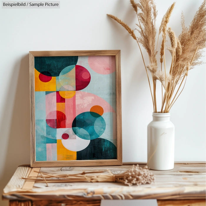 Colorful geometric abstract art in a wooden frame next to vase with dried grass on a wooden table.