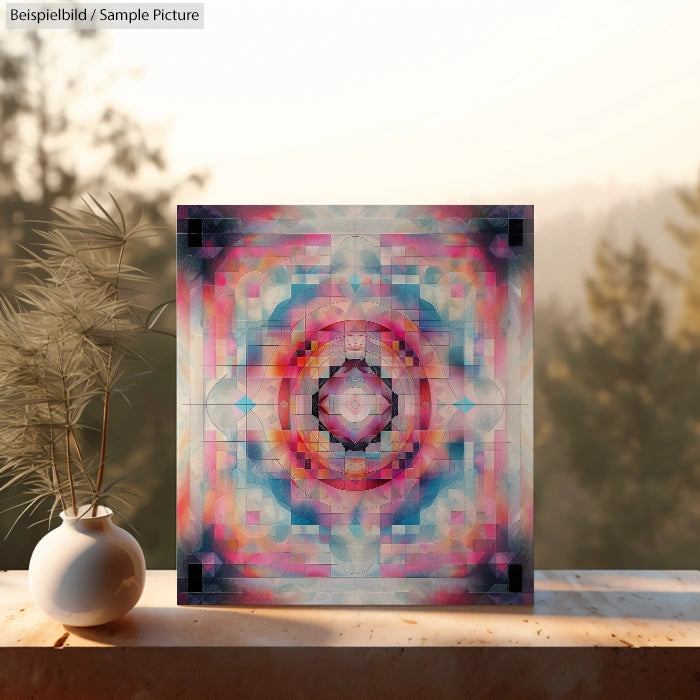 Colorful abstract geometric artwork on canvas, displayed on an outdoor table with a white vase and dried plant.