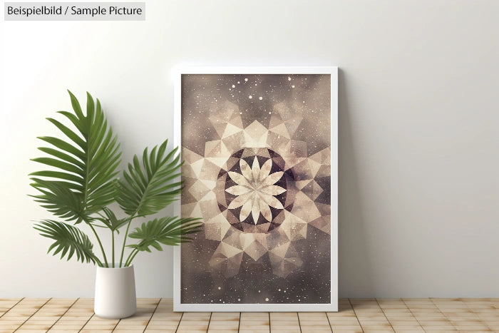 Framed geometric art print with beige star patterns on a wooden floor next to a green potted plant.