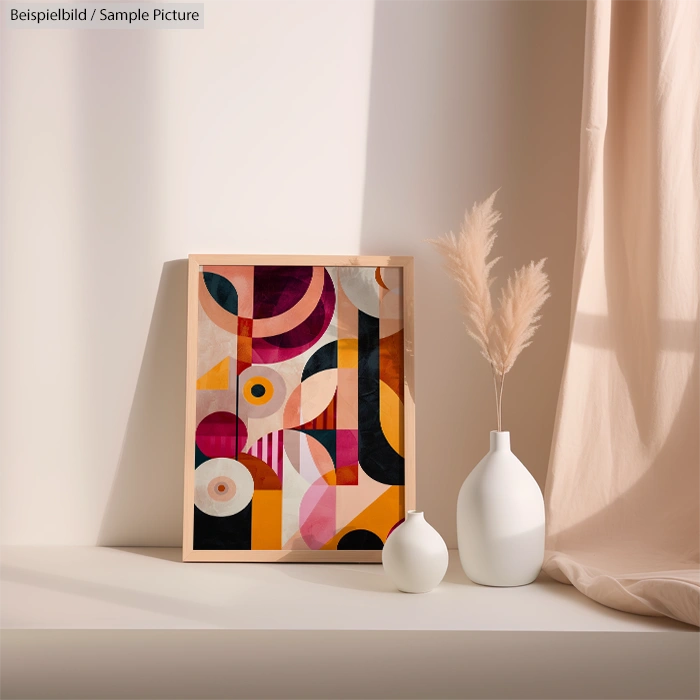 Framed abstract art with geometric shapes in vivid colors, next to two white vases and beige curtain on table.