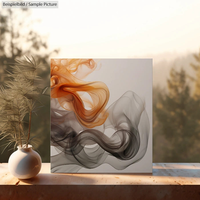 Artistic photo of abstract orange and gray swirls on canvas, placed on a ledge with blurred outdoor background.