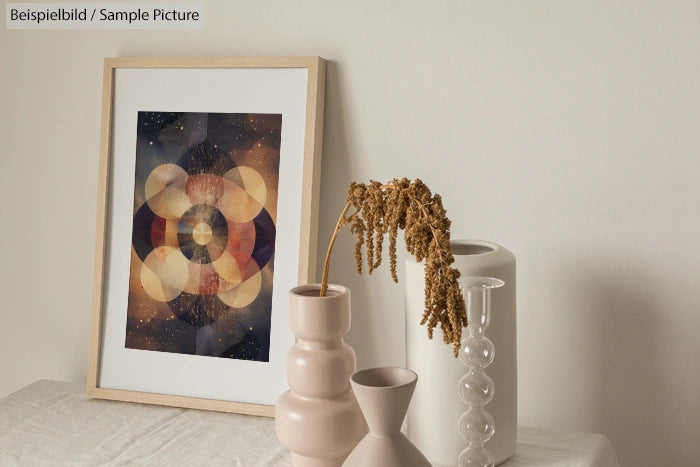 Abstract artwork with circles in a frame beside vases and dried plant on a neutral-colored table.