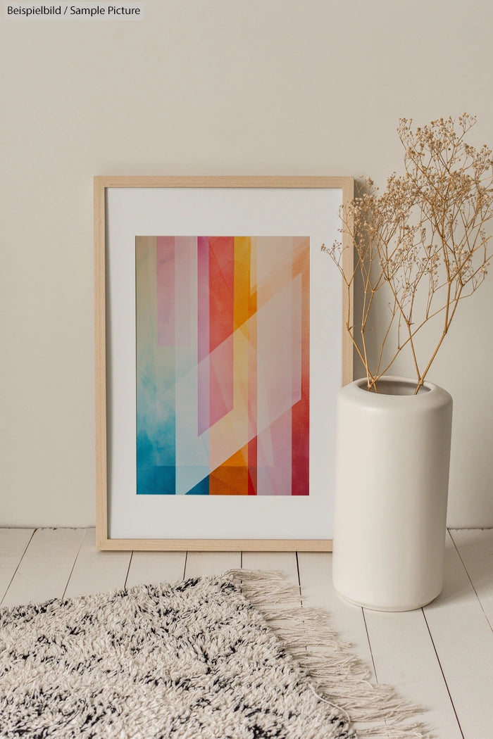 Framed geometric abstract art with vibrant colors, next to a white vase with dried branches on a wooden floor.