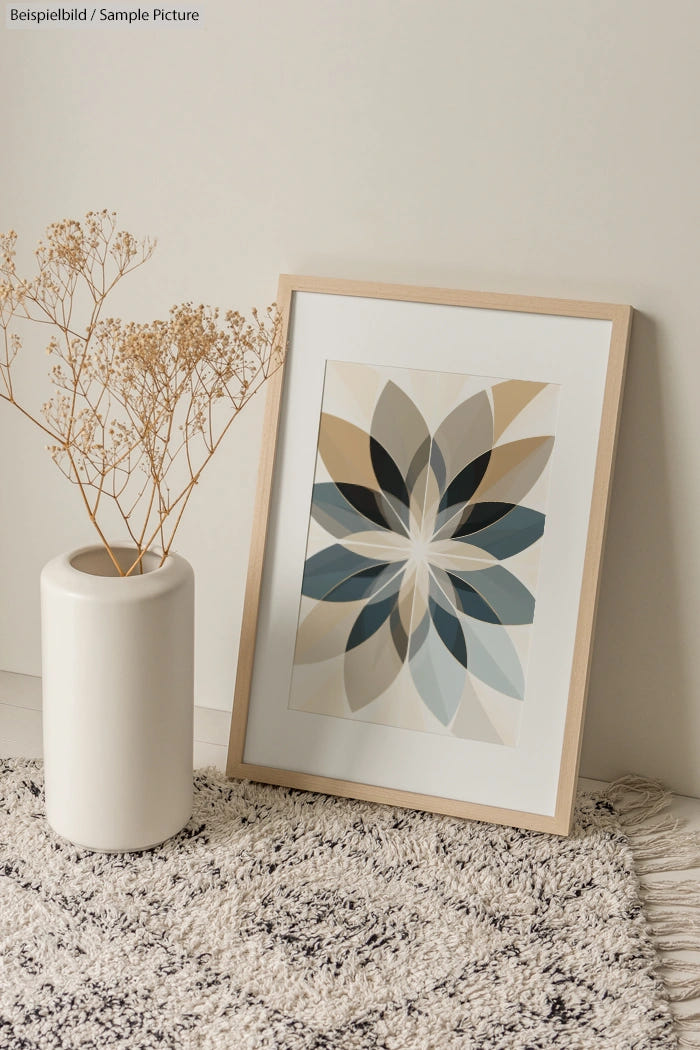 Geometric floral artwork in wooden frame beside white vase on textured rug.