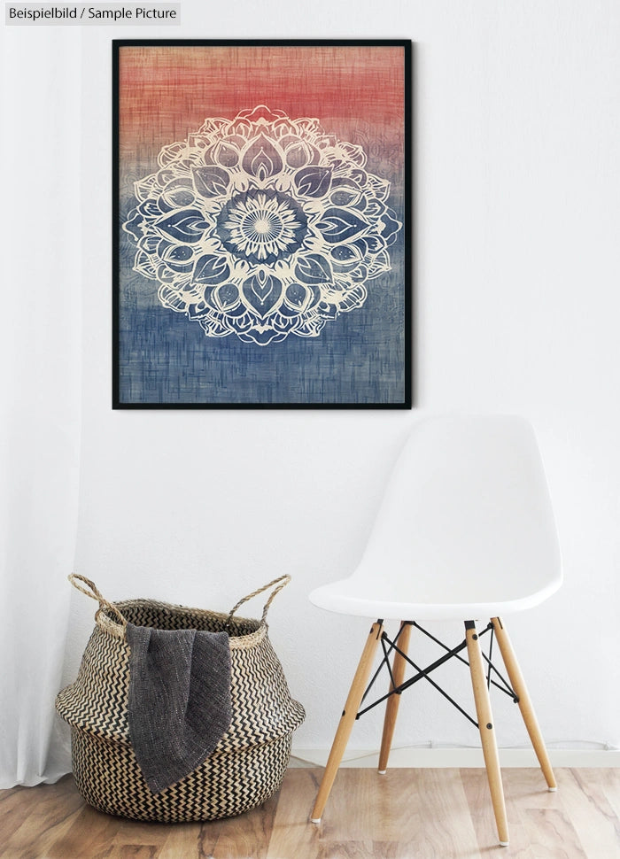 Framed mandala art on a gradient background above a modern white chair and woven basket in minimalistic room.