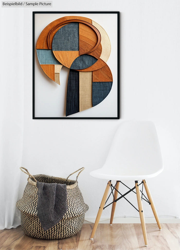 Modern geometric wall art with wood textures in a minimalist room with a white chair and woven basket.