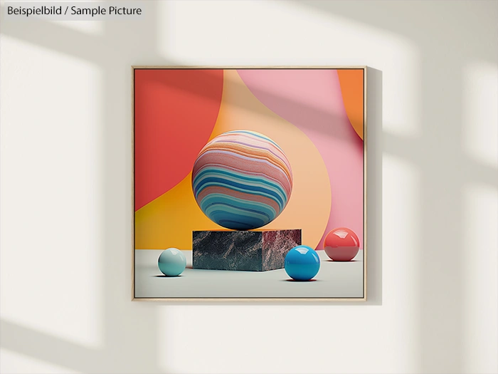 Colorful spheres on geometric shapes against abstract, vibrant orange and pink background in frame.