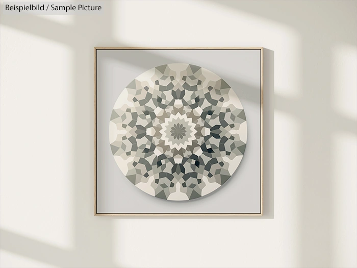 Framed geometric artwork with a circular, kaleidoscope design in shades of gray and white on a wall with sunlight shadows.