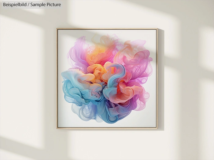 Framed abstract artwork with colorful swirling wisps in pink, blue, and orange hues against a light background.