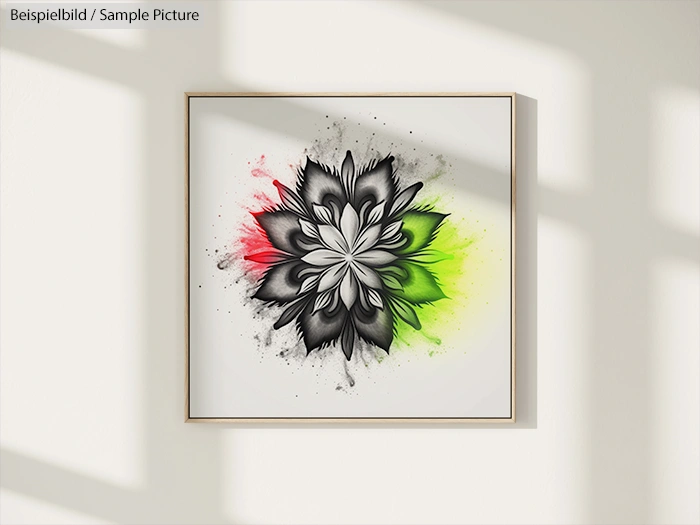 Framed monochrome flower artwork with red and green splashes, hung on a wall with light and shadow play.