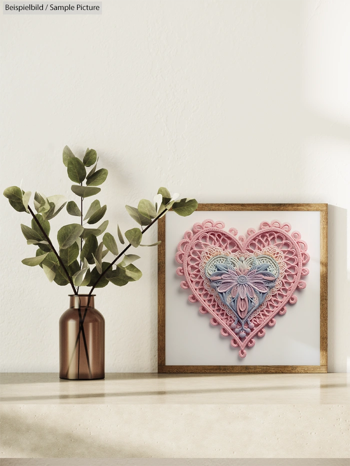 Framed heart-shaped yarn art in pink and blue beside a leafy plant in a brown vase on a white background.