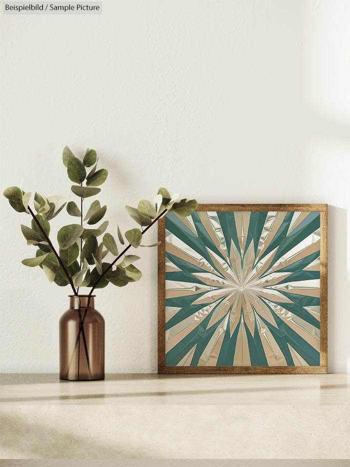 Geometric art with teal and beige patterns in a wooden frame on a shelf, next to a brown vase with green leaves.