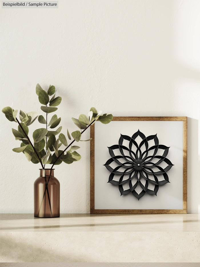 Decorative wall art with black floral pattern beside a brown vase with green foliage on a light-colored shelf.