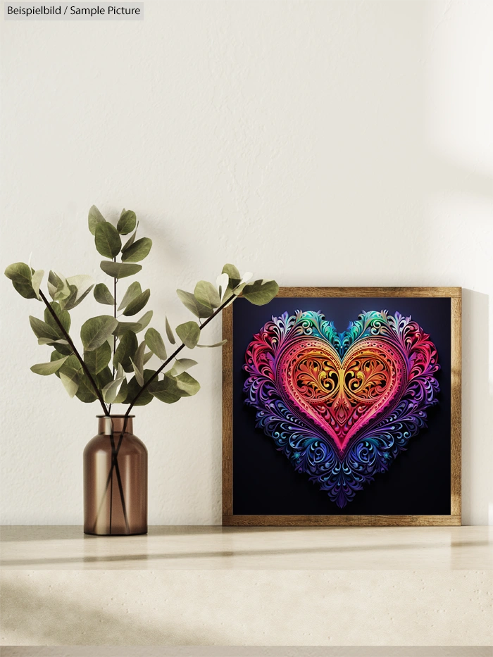 Intricate heart-shaped artwork with vibrant colors on a shelf, next to a plant in a bronze vase.