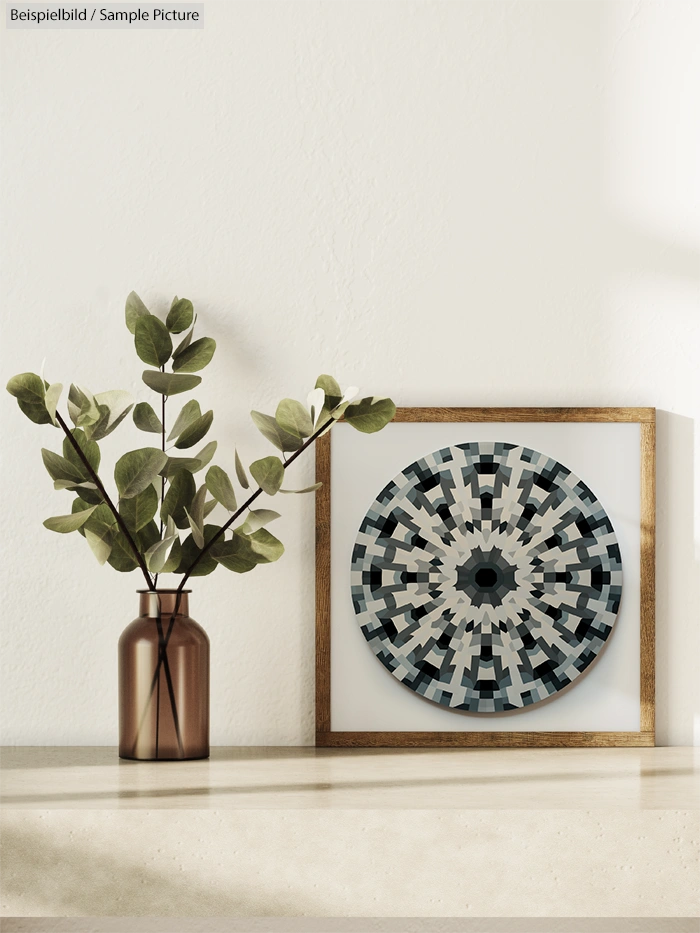 Geometric black and white artwork in wooden frame on table beside vase with green foliage.