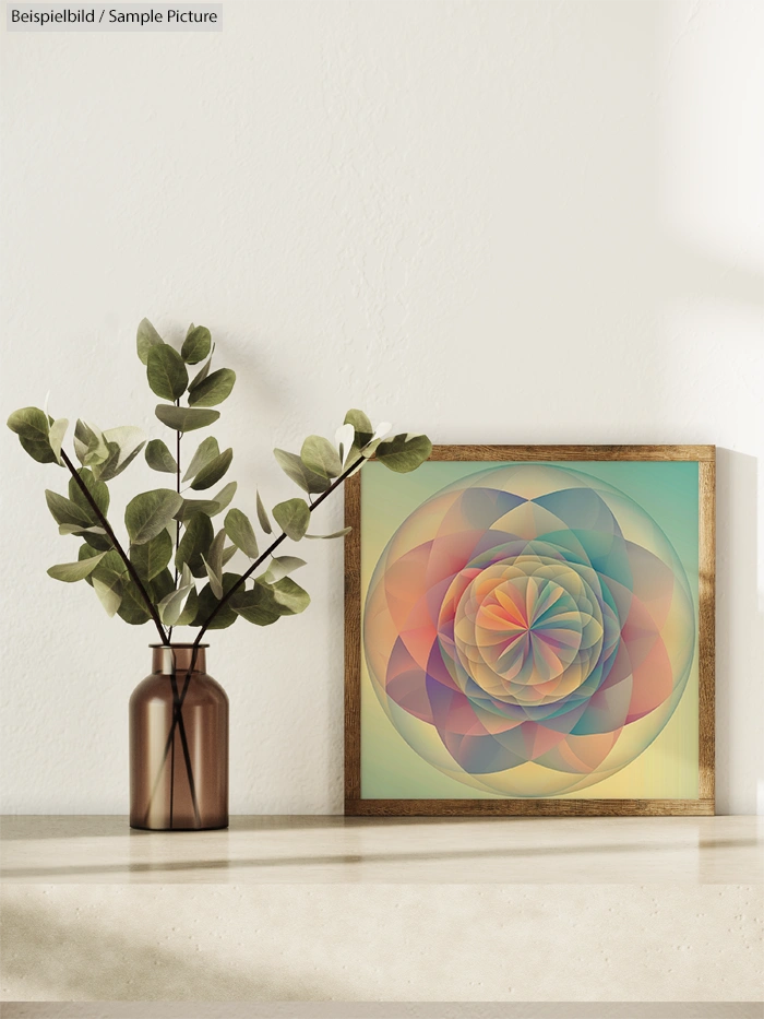 Decorative plant in a brown vase beside a framed abstract geometric artwork on a minimalist tabletop.