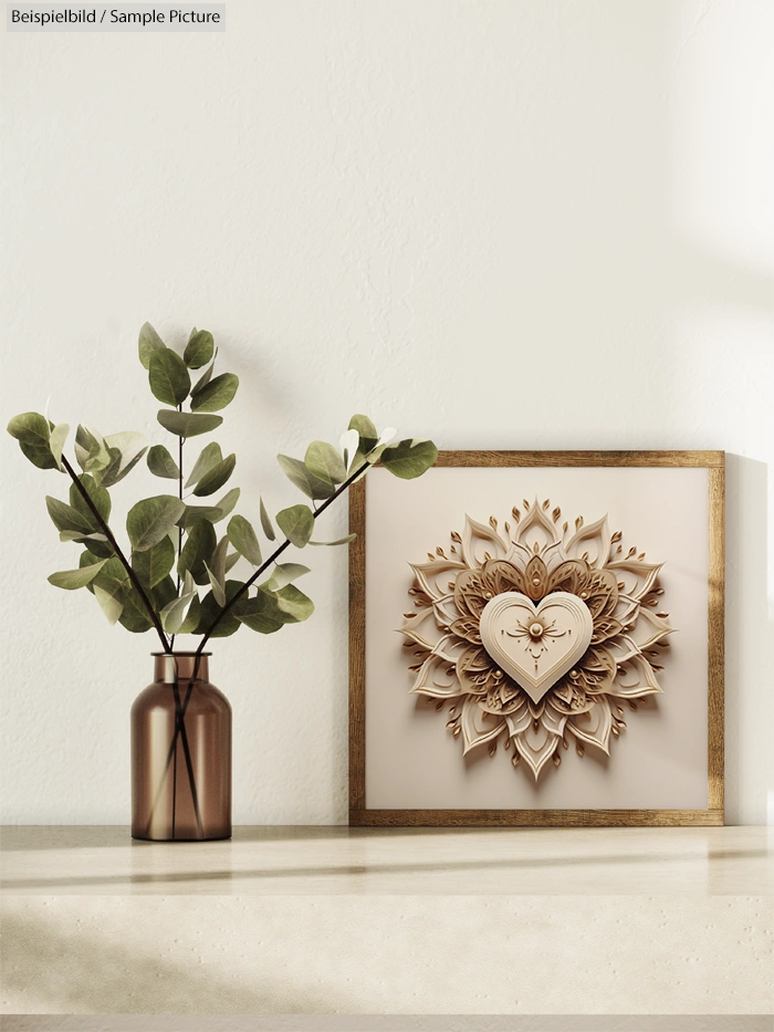 Decorative wall art with layered heart design beside vase with green leaves on a light-colored shelf.