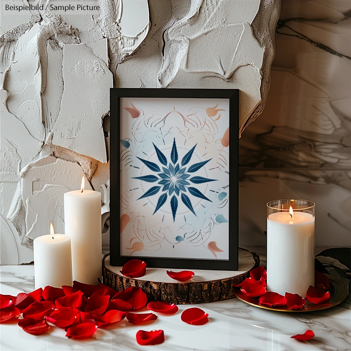 Framed mandala art with blue center, surrounded by candles and red rose petals on a textured white background.