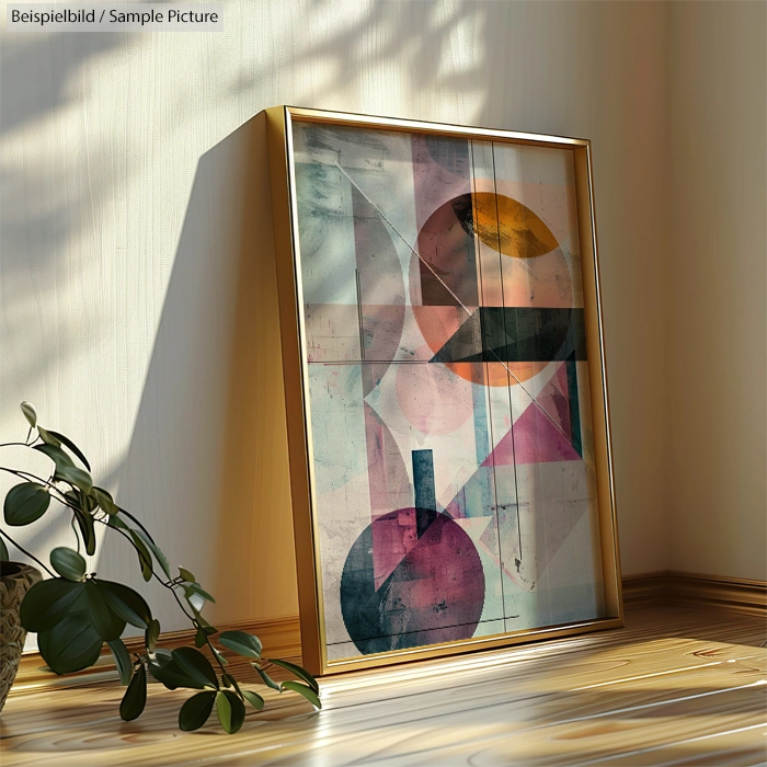 Framed abstract geometric artwork with circles and triangles in a sunlit room with a potted plant.