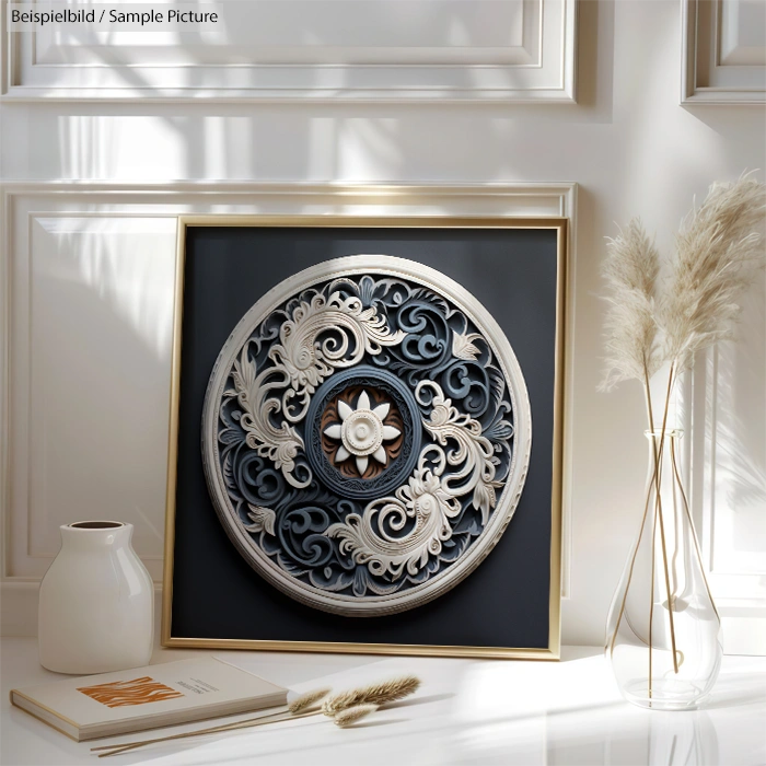 Framed circular metallic artwork with floral design and star, placed on a white shelf with pampas grass and vase.