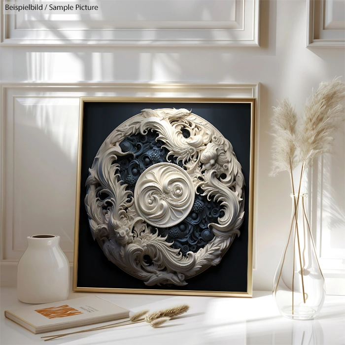 Ornate wall art with intricate floral patterns, framed and placed on a white shelf beside pampas grass and a vase.