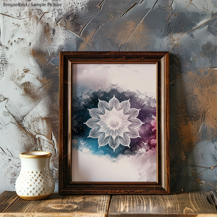 Framed flower artwork with cosmic background on textured wall, next to ceramic candle holder.