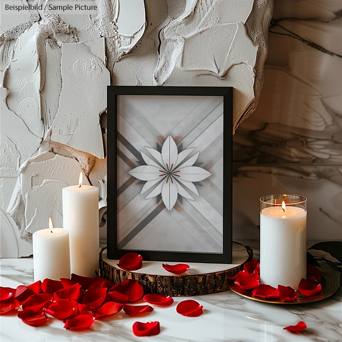 Artistic photo frame with geometric flower design surrounded by candles and red rose petals.