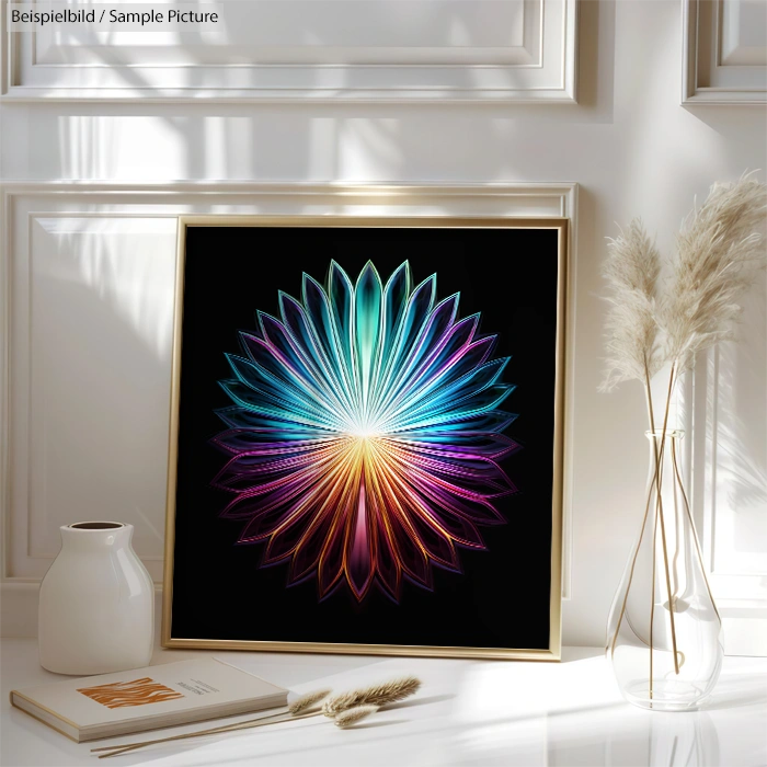 Framed digital art of colorful, radiating petals in a living room with minimal decor and natural light.