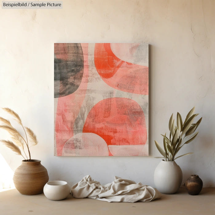 Abstract painting with red and black curves on a canvas, displayed on a beige wall with vases and dried plants.