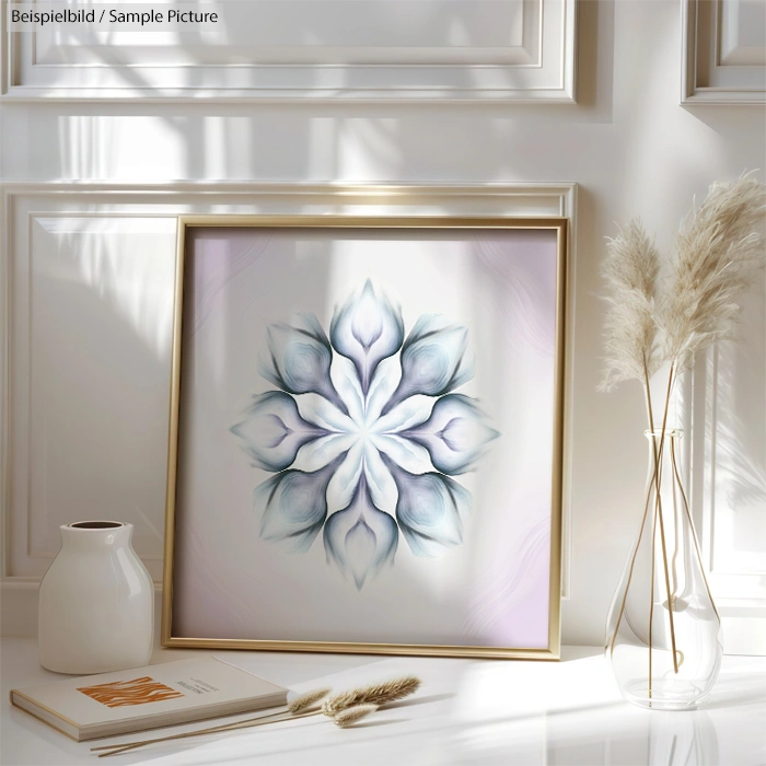 Framed floral artwork on a shelf with a vase and books, bathed in soft natural light.