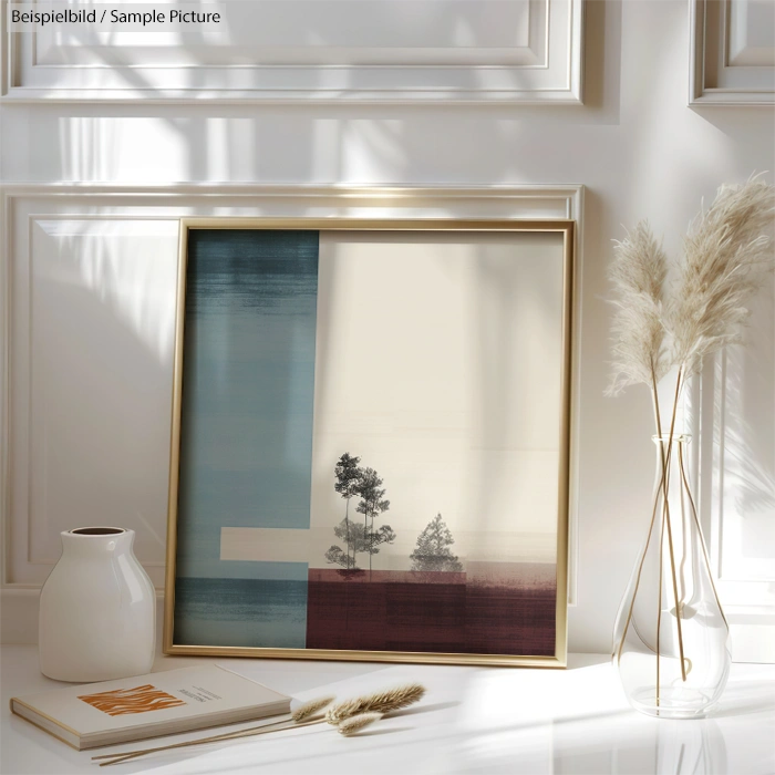 Framed abstract art with trees, placed against a white paneled wall, next to decorative vases and a book.