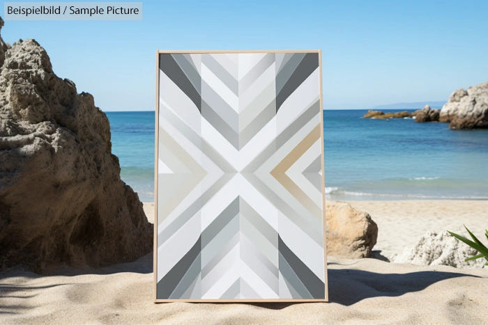 Geometric abstract painting on easel by a sandy beach with blue ocean and rock formations under a clear sky.