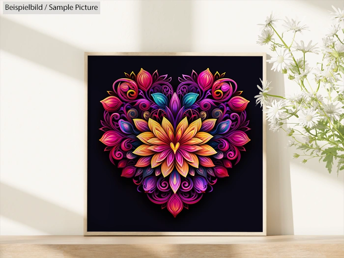 Colorful heart-shaped floral design in a wooden frame, set against a black background with delicate white flowers nearby.