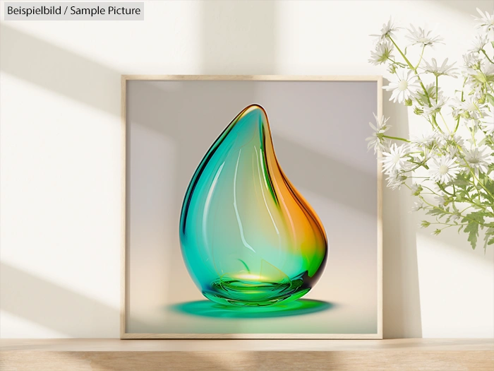 Framed art of a vibrant, glass-like teardrop sculpture in blue, green, and orange hues, displayed next to white flowers.