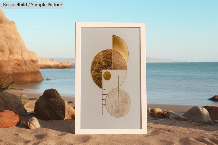 Geometric art with gold accents framed on a sandy beach, ocean and rocky cliffs in the background.