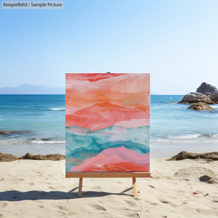 Abstract painting with pink and blue hues on an easel, set against a beach backdrop with sea and rocks.