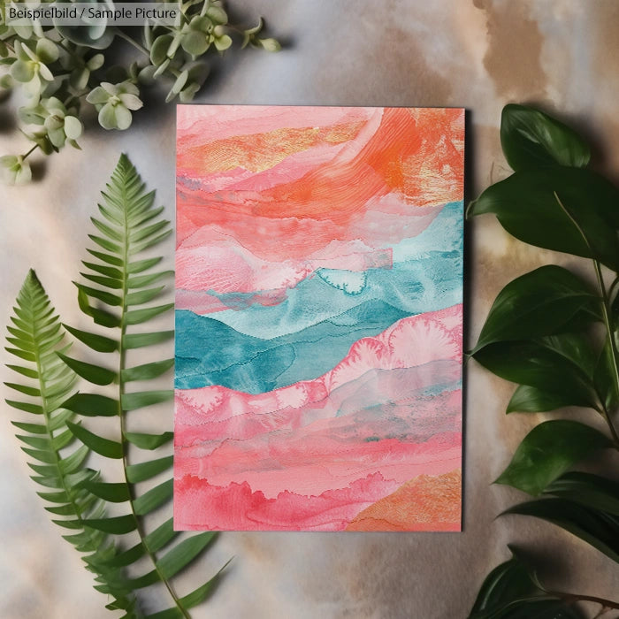 Abstract watercolor painting with pink, blue, and orange hues, surrounded by green leaves on a light background.