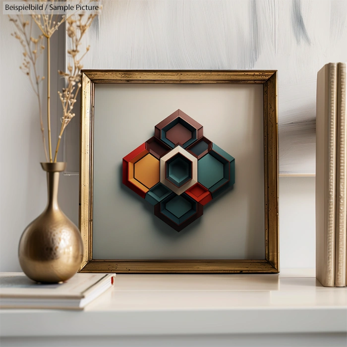 Modern geometric wall art with interlocking hexagons in various colors, displayed on a shelf with decor items.