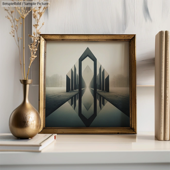 Framed geometric art with archways reflecting on water, set on a shelf with a vase and books.