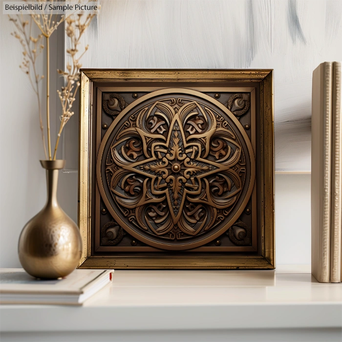 Ornate bronze relief artwork in a square frame on a white shelf, flanked by books and a decorative vase with dried branches.