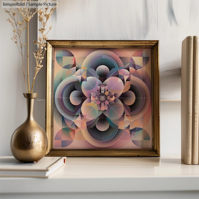 Geometric abstract art with overlapping circles in pastel colors, framed in gold, displayed on a shelf with decor.