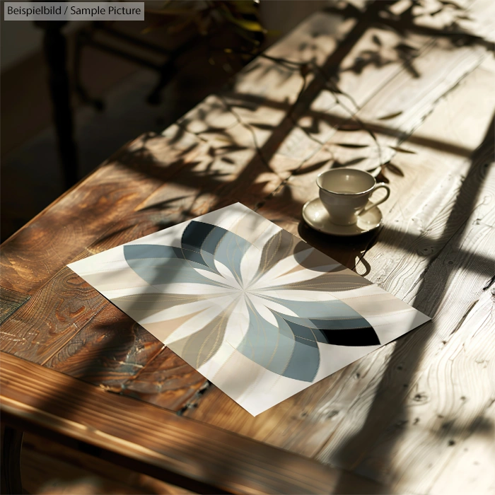 Abstract floral design on paper, placed on rustic wooden table with teacup, illuminated by dappled sunlight and shadows.