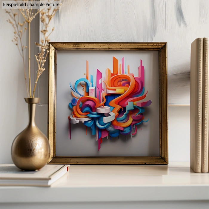 Framed abstract 3D artwork with vibrant swirls of pink, blue, and orange on a shelf with vase and books.